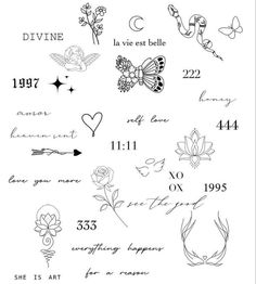 some tattoos that are on the back of a sheet of paper with words and flowers