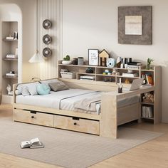 a bedroom with a bed, bookshelf and bookcases