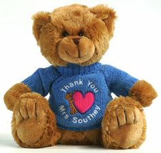 a brown teddy bear wearing a blue sweater with the words thank you my southern written on it