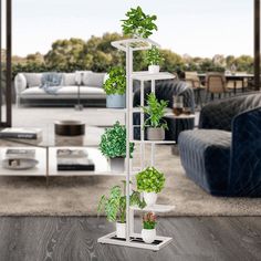 a living room filled with furniture and lots of green plants on top of a white shelf