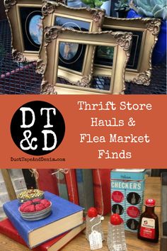 there are pictures and books on display with the words thrift store haul & flea market finds