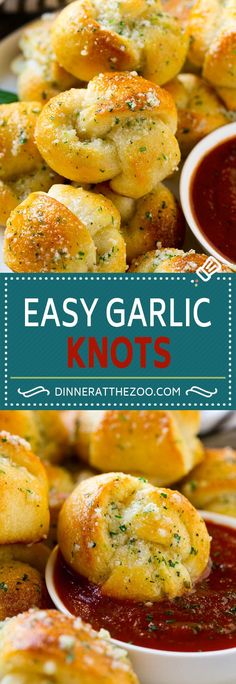 easy garlic knots with marinara sauce in the middle on a white plate and blue text overlay