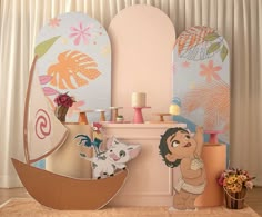 an image of a room setting with disney characters on the wall and in the background