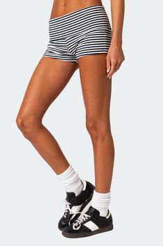 Shorts Fold over waist Striped pattern Cotton, Spandex Model wears size S Model height is 5'9 Item care: Wash with similar color Striped Shorts Outfit, Swimwear Dress, Lounge Shorts, Sweat Shorts, Mini Shorts, Dance Outfits, Striped Shorts, Fold Over, Comfy Outfits