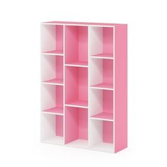 a pink and white bookcase with six shelves on each side, in front of a white background