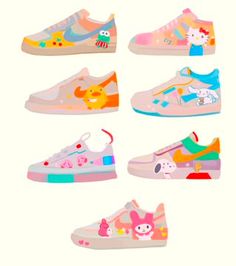 six pairs of sneakers with cartoon characters on them