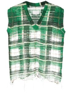 green multicolour mohair blend knitted construction unfinished effect plaid check pattern V-neck sleeveless raw edge Summer Plaid, Chunky Knitwear, Outerwear Vest, Knit Fashion, Check Pattern, Sweater Weather, Raw Edge, Fashion Inspo Outfits, Winter Hats