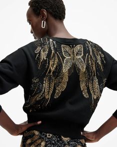 Separo Embellished Wing Sweatshirt Black | ALLSAINTS US Wing Artwork, Butterfly Sweatshirt, Sweat Top, Long Sleeve Sequin, Sweaters And Jeans, Guest Outfit, Sweater Black, Jeans For Sale, All Saints