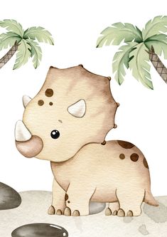 an elephant is standing in the sand with palm trees behind it and watercolor on paper