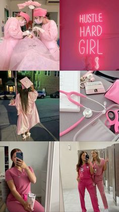 the collage shows two women in pink outfits and one is holding a cell phone