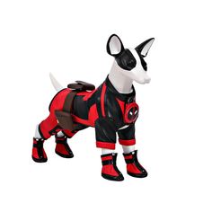 a toy dog is dressed in red and black