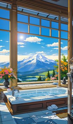 a bathroom with a jacuzzi tub and large windows overlooking the mountain range in the background