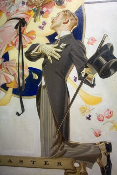 a painting of a man with a hat and cane standing next to a sign that says aster