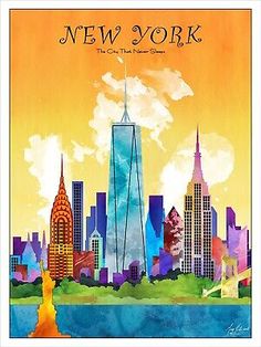 the new york skyline is shown in this watercolor painting