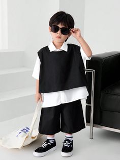 3pcs Young Boys' Korean Style Round Neck Vest, Seven-Point Solid Color Pants, Turn Down Collar Short Sleeve Shirt Woven Set Black and White Casual  Short Sleeve Woven Fabric Colorblock  Non-Stretch  Young Boys Clothing, size features are:Bust: ,Length: ,Sleeve Length: Boys Korean, Baby Planning, Color Pants, Solid Color Pants, Boys Set, Boys Clothing, White Casual, Boy Shorts, Boy Outfits