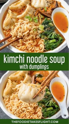 two bowls of kimchi noodle soup with dumplings and chopsticks in them