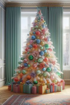 a decorated christmas tree in front of a window