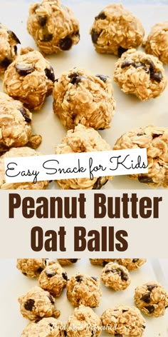 easy snack for kids peanut butter oat balls on a white plate with text overlay