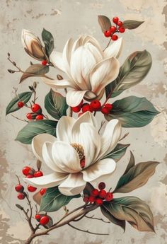 a painting of white flowers with red berries