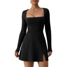 Tight Cut Bodice,Square Neckline With Long Sleeve,Front Seam Trim,High Waist Basic Mini Dress. Soft Breathable Stretch Material,Inner Lined Bust,No Pads,Above Knee Length,Side Slit,Athleisure Short Dress. This Square Neck Bodycon Dress Features With Sleek Form-Fitted,Stretch Fabric Sucks You In And Hug You In All The Right Places,Casual Dress For Fall,Winter,Spring. Knee Length Dress Casual, Long Sleeve Fit And Flare Dress, Black Dress Square Neckline, Short Black Dress With Long Sleeves, Black Dress For School, Long Sleeve Short Black Dress, Short Black Square Neck Dress, Square Neck Black Dress With Sleeves, Long Sleeves Dress