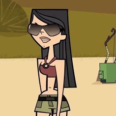 a cartoon girl with sunglasses on standing in the sand