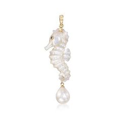 Ross-Simons - Mother-Of-Pearl Seahorse Pendant With Cultured Freshwater Pearl and Sapphire Accents  - #820484 Yellow, Necklaces, Seahorse Pendant, Mother Of Pearl, Yellow Gold, Pendant Necklace, Chain, Pendant, Gold