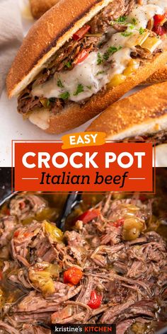 an easy crock pot italian beef recipe in a skillet with text overlay