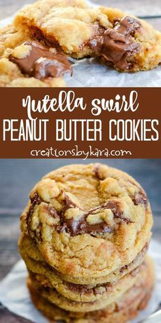 nutella swirl peanut butter cookies are stacked on top of each other with chocolate chips