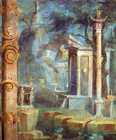 an artistic painting with columns, trees and other things in the background that appear to have been painted