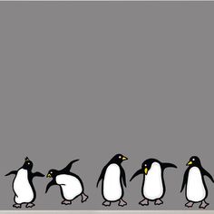 a group of penguins walking down the street together, with one penguin standing out from the crowd