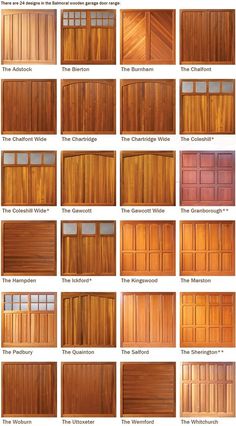 different types of garage doors and windows with the names in each one, including two