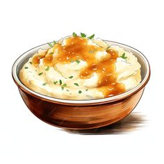 a drawing of mashed potatoes with gravy and parsley in a bowl