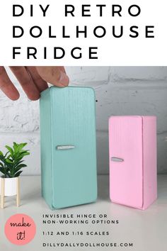 the diy retro dollhouse fridge is painted pink, blue and green with text overlay