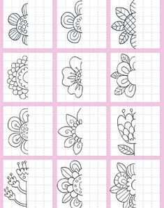 the flower pattern is shown in black and white on a pink background with squares around it