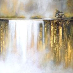 an abstract painting with trees and water in the foreground, on a white background