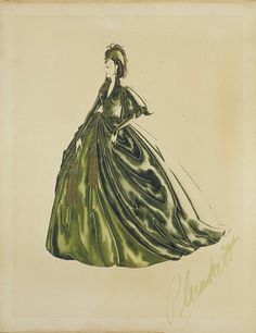 a drawing of a woman in a green dress with black and white stripes on it