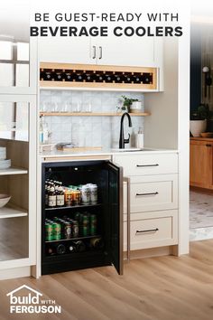 an open refrigerator in a kitchen with the words be guest ready with beverage coolers