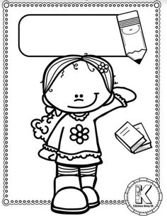 a coloring page with a girl holding a book and a pencil in her hand,