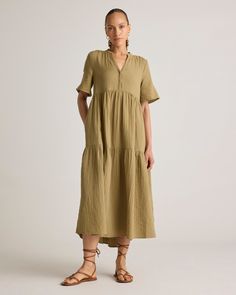 Airy and effortless, meet our 100% Organic Cotton Gauze Split Neck Midi Dress. Made of breezy, lightweight organic cotton gauze, this versatile dress is the perfect grab and go piece. Lds Missionary Dresses, Muslin Dress Women, Simple Fall Dresses, Cotton Gauze Clothing, Maxi Dress Linen, Gauze Clothing, Ruched Waist Dress, Natural Fiber Clothing, Cotton Gauze Dress