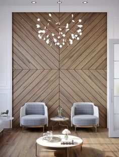 two chairs and a table in front of a wall with wood paneling on it