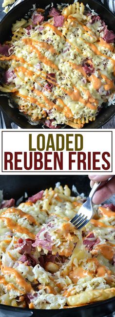 loaded reuben fries in a cast iron skillet and topped with melted cheddar cheese