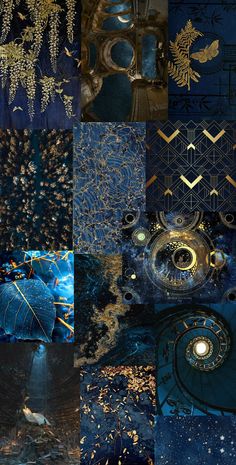 the collage shows many different images in blue, gold and black colors with an abstract design