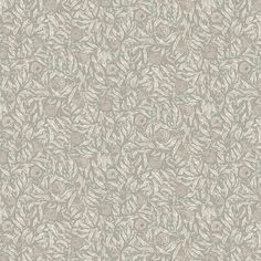 a white and grey wallpaper with leaves on the bottom, in an ornate pattern