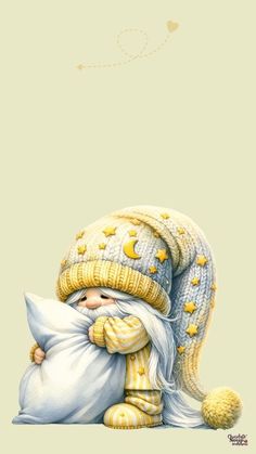 a painting of a little gnome holding a pillow and wearing a hat with stars on it