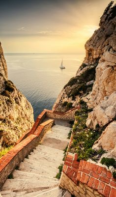 stairs leading up to the ocean with a sailboat in the distance