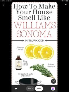 the recipe book is open to show how to make your house smell like william's sonoma