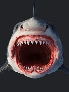 a shark with its mouth open and it's teeth showing red light coming out