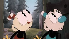 two cartoon characters standing next to each other in front of a forest with trees and rocks