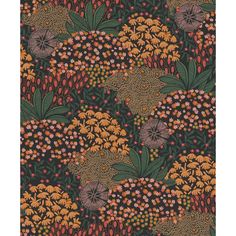 an orange and green floral wallpaper with lots of flowers on the side of it