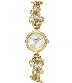 From kate spade new york&#x2C; this watch features:Gold-tone stainless steel bracelet watch Dial: mother of pearlCase size: 20mm case thickness: 6.4mmWater resistance: 3 atmMovement: three-hand bandMaterial: stainless steel bandColor: gold bandApprox. Width: 5mm inner circumference: 175 /- 5mmClosure: adjust-o-matic Warranty: 2 yearLimited beauty copy: a pretty floral bracelet or timepie Slim Watch Women, Grad Jewelry, Engagement Watch, Vintage Gold Watch, Kate Spade Watch, Stainless Bracelet, Gold Watches Women, Vintage Watches Women, Pink Watch